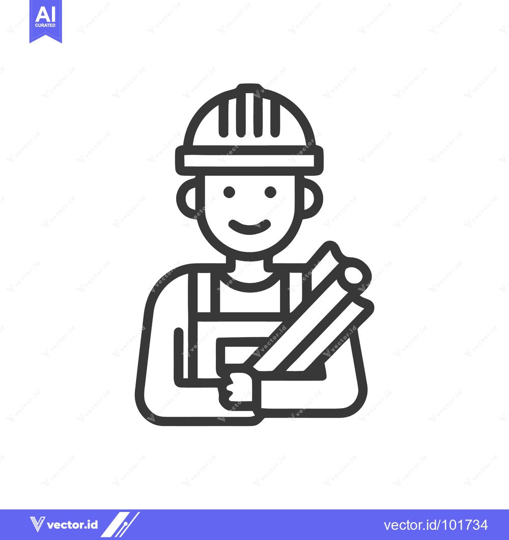 Premium Vector of Friendly Architect in Hard Hat Holding Blueprints, Minimalist Line Art