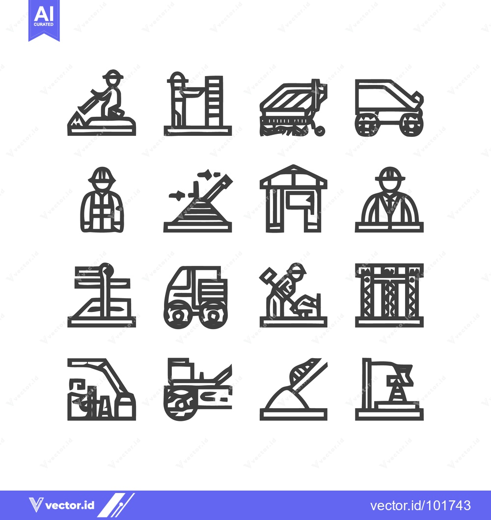 Premium Vector dari Grid of Bold Line Icons Depicting Construction and Industrial Processe
