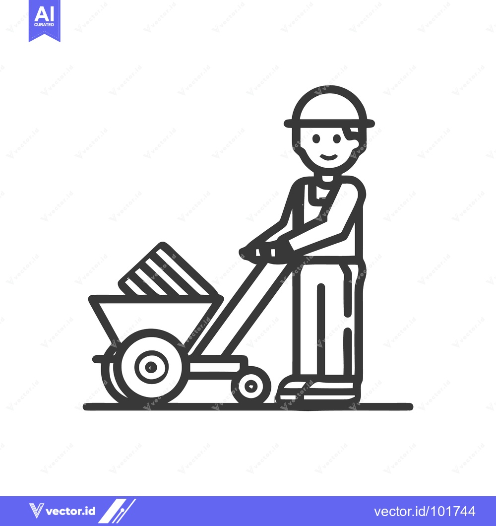 Premium Vector of Minimalist line art icon of a smiling construction worker pushing a wh