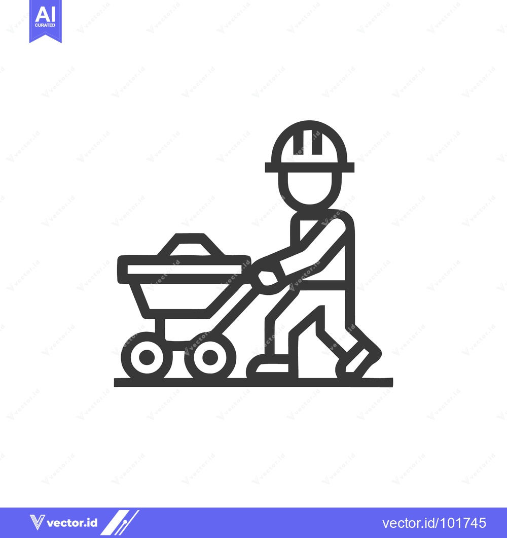 Premium Vector of Minimalist Line Icon of a Construction Worker Pushing a Loaded Cart
