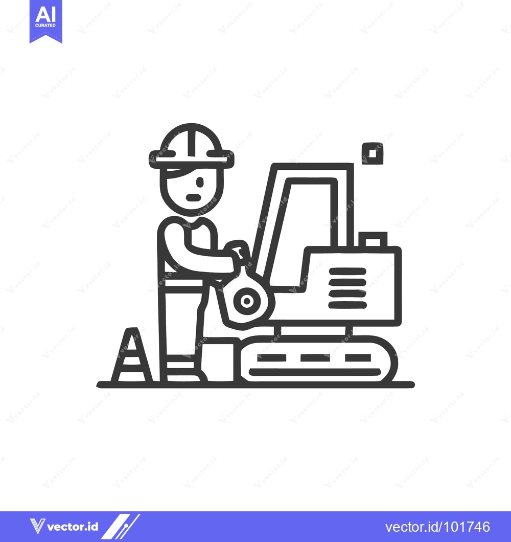 Premium Vector dari Skilled Operator with Mini Excavator, a Bold Construction Line Art Ico