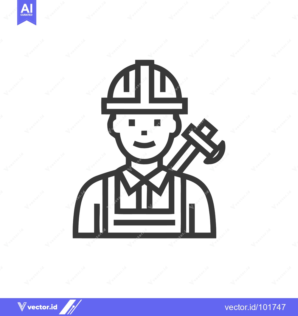Premium Vector of Minimalist Line Icon of a Smiling Builder with Hard Hat and Wrench