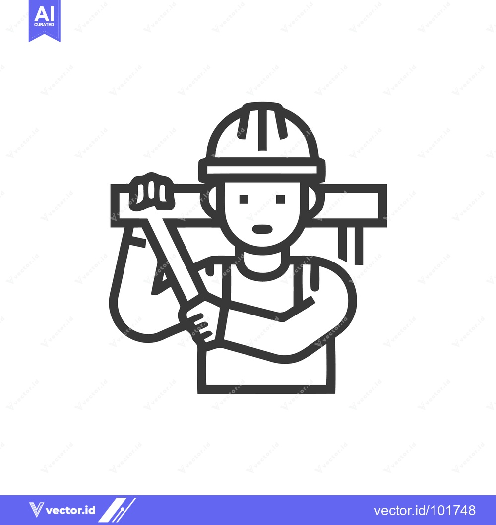 Premium Vector dari Bold line icon of a construction worker in a hard hat carrying a heavy