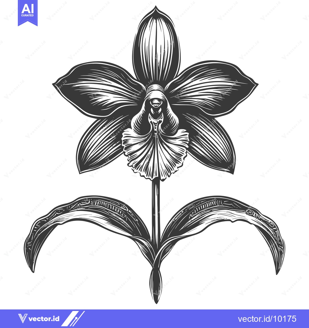 Premium Vector of A Black and White Engraved Illustration of a Single Orchid