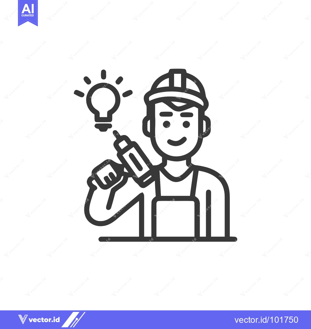 Premium Vector dari Smiling Builder with Power Tool and Bright Idea Lightbulb Line Icon