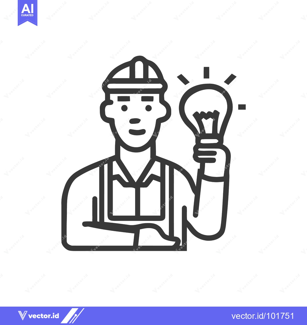 Premium Vector of Confident Worker with Glowing Light Bulb Idea, Minimalist Line Art Ico