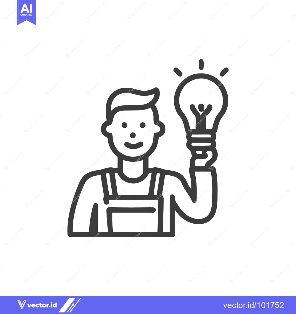 Premium Vector of Smiling Worker in Overalls Holding a Glowing Light Bulb, a Minimalist