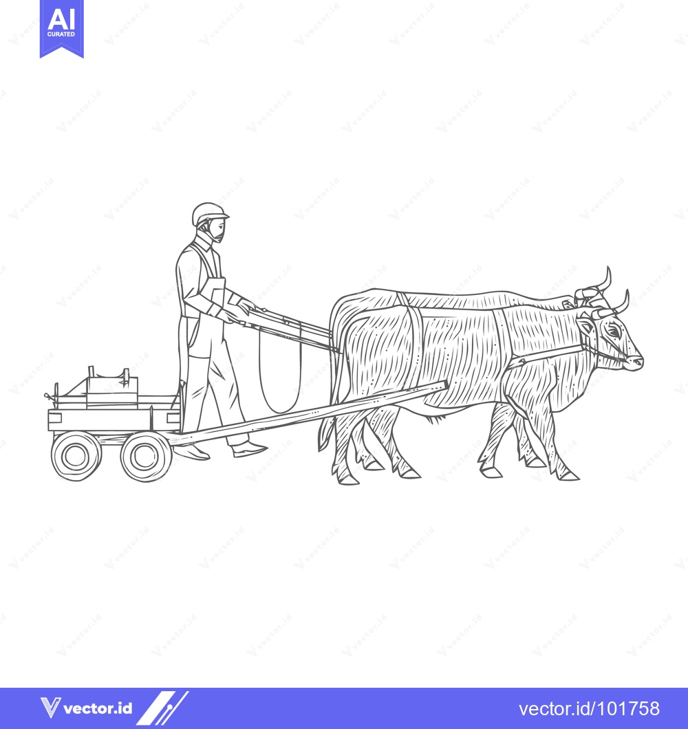 Premium Vector dari Detailed Line Art of a Worker Guiding a Team of Yoked Oxen Pulling a M