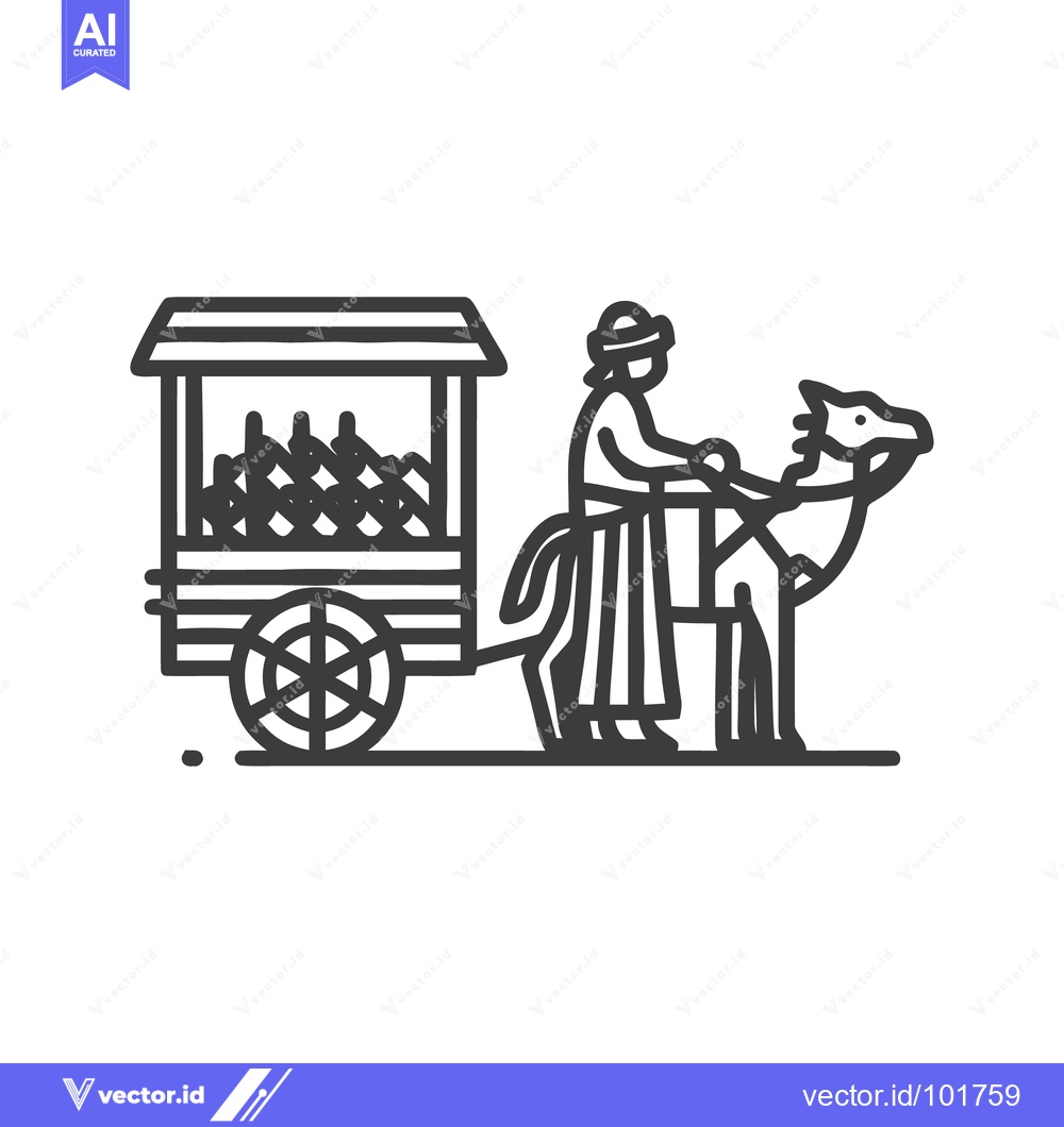 Premium Vector dari Monochrome Line Art Icon of a Merchant Leading a Camel-Drawn Cart