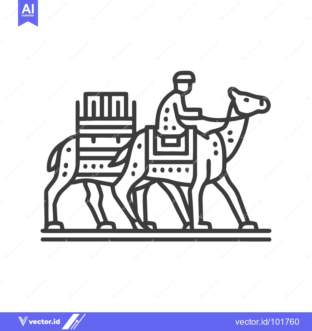 Premium Vector of Ancient Caravan Journey: Stylized Line Art of a Rider on a Laden Drome