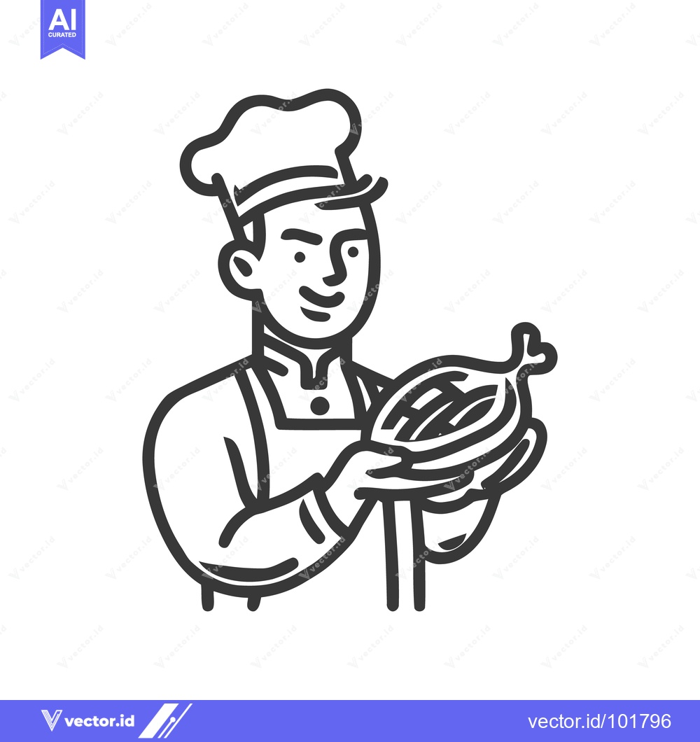 Premium Vector of Smiling Male Chef in Hat and Apron Holding Cured Meat, Monochrome Line