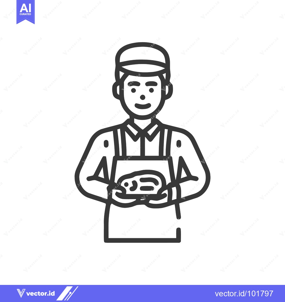 Premium Vector of Minimalist Line Art Icon: Smiling Worker in Apron and Cap Holding a Pa