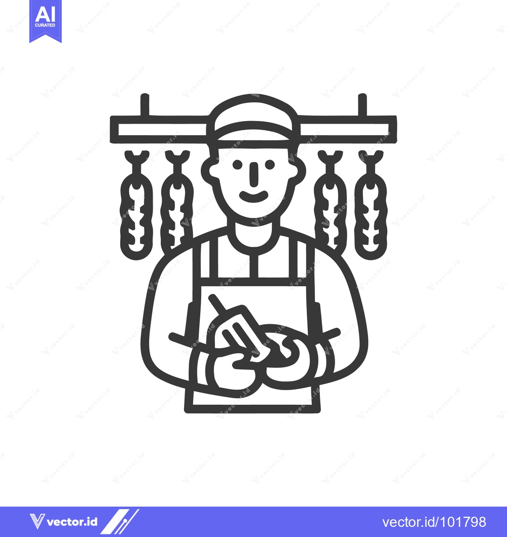 Premium Vector dari Smiling Butcher Character with Knife and Hanging Sausages Line Art Ico