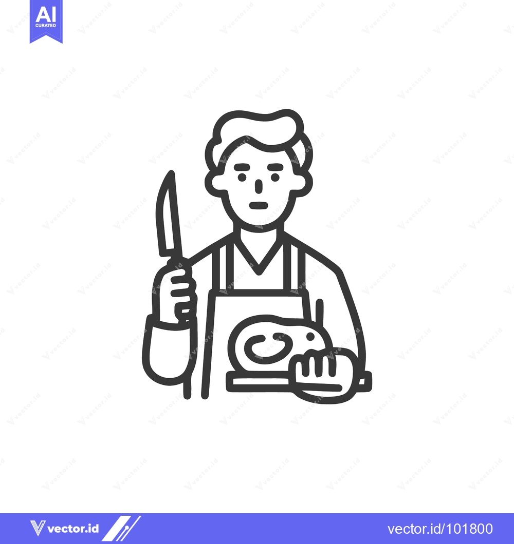 Premium Vector dari Monochrome Line Art Icon of Butcher with Knife and Meat on Board