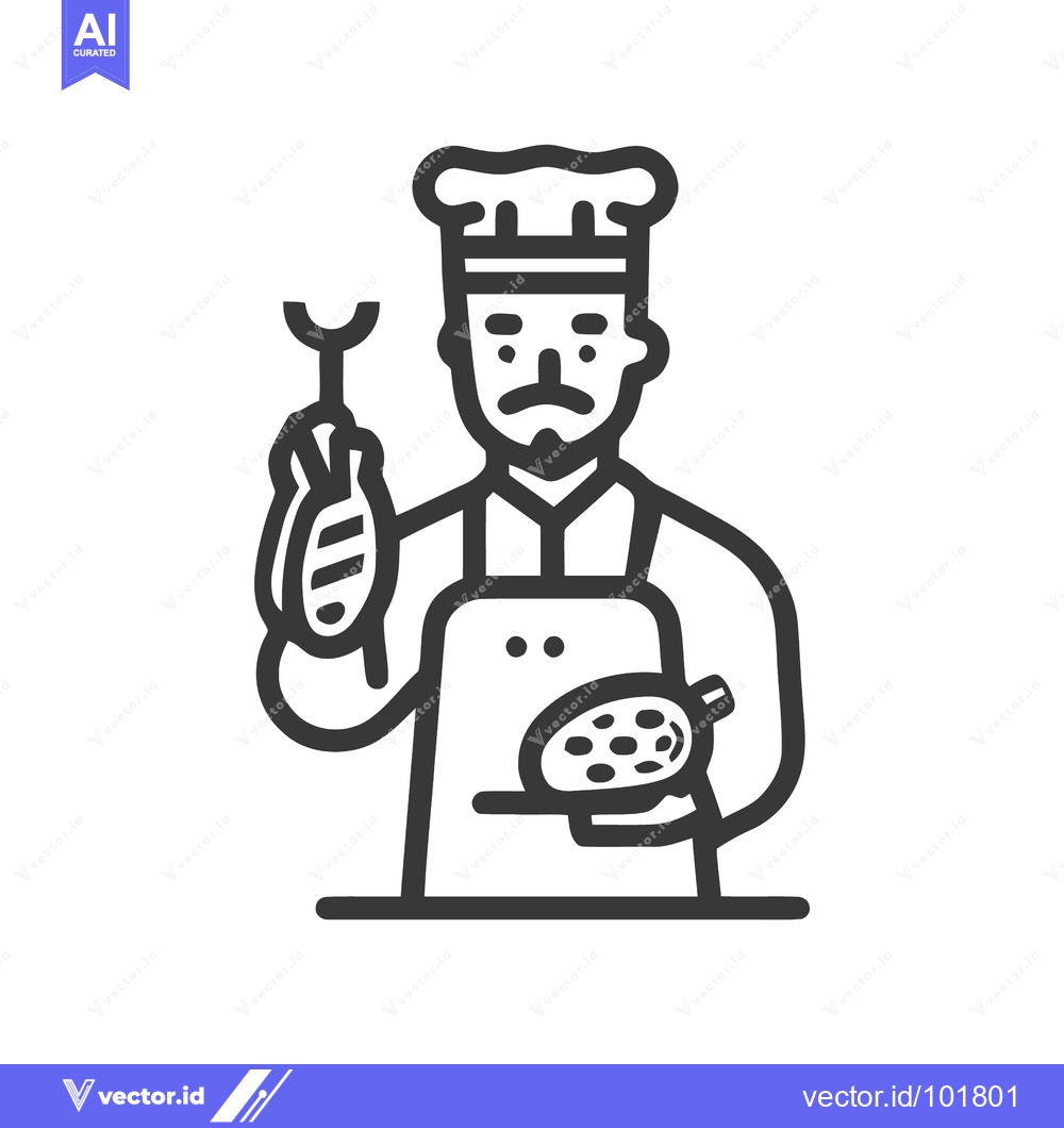 Premium Vector of Professional Chef Character Holding Fish and Pizza in Simple Line Art