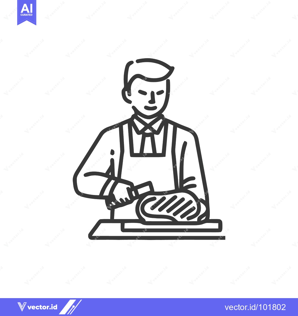 Premium Vector dari Minimalist Line Art Icon of Butcher Slicing Meat on Cutting Board, Pro