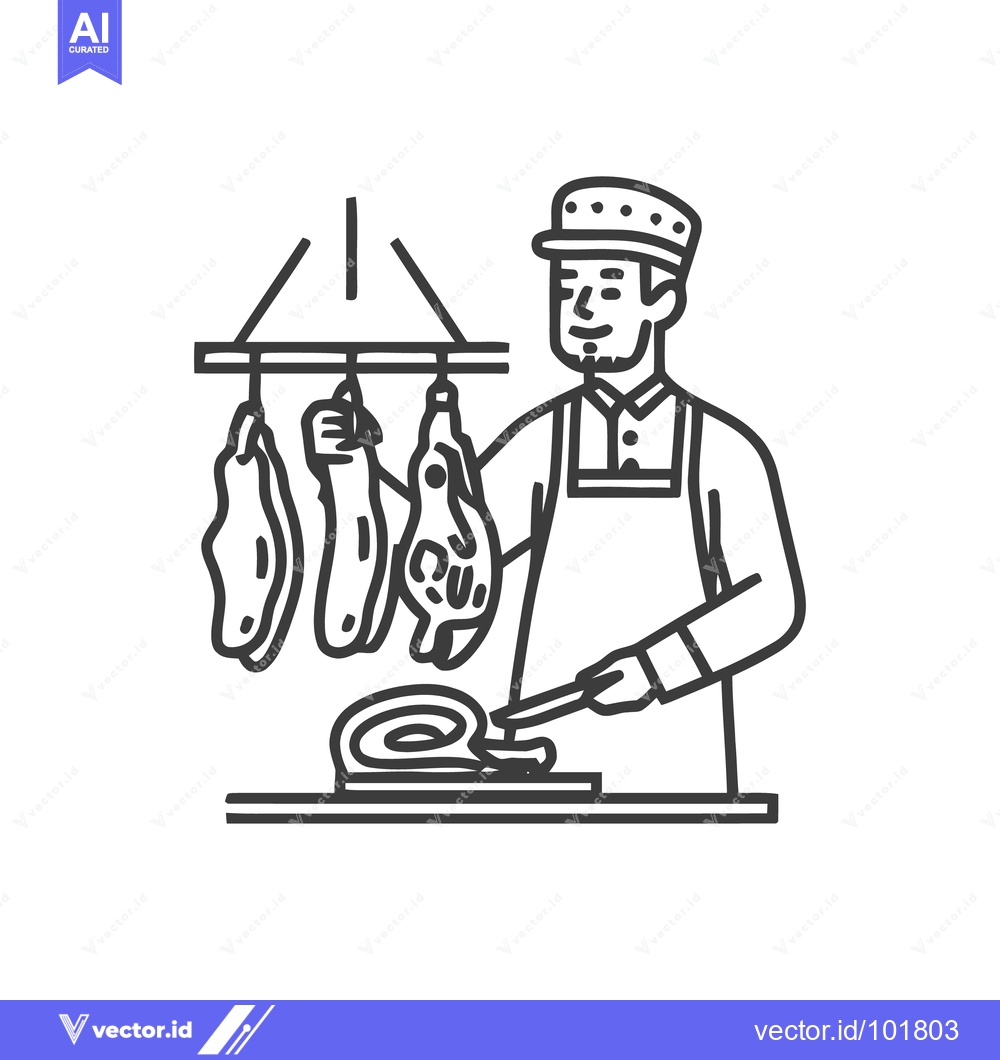 Premium Vector dari Smiling Butcher in Apron Cutting Sausage, with Hanging Meats, in Clean