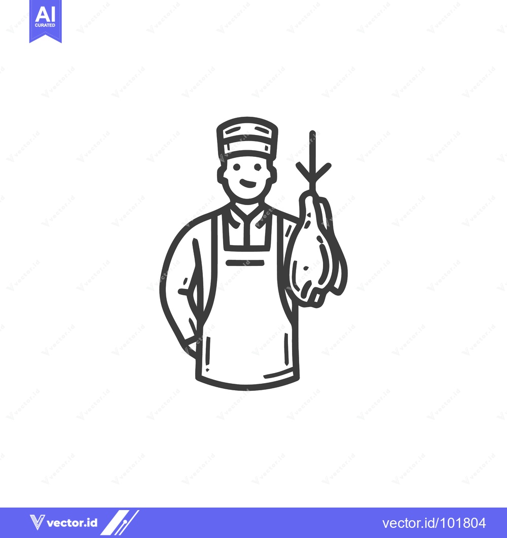 Premium Vector dari Friendly Butcher Holding Fresh Chicken with Down Arrow Line Art Icon