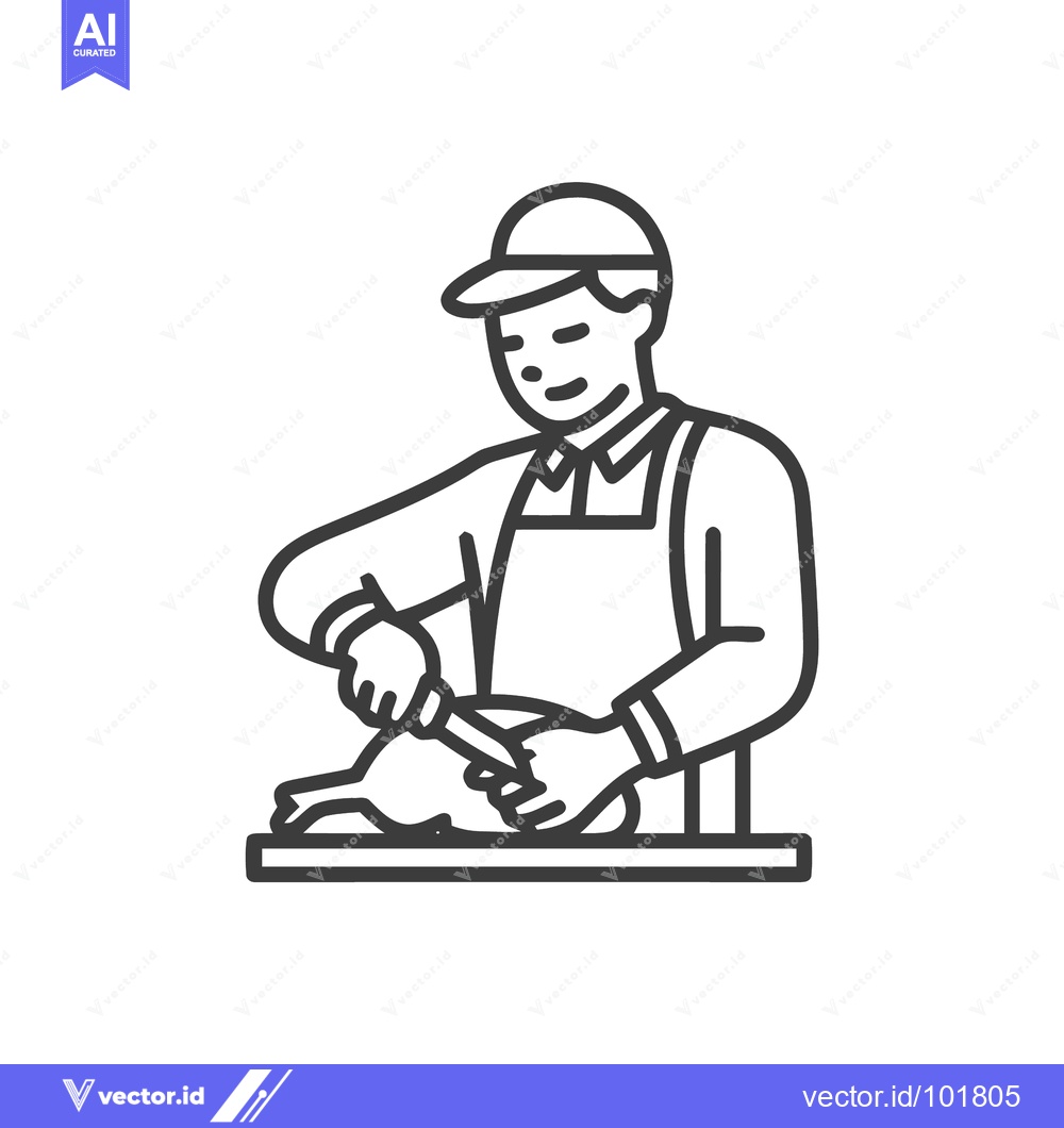 Premium Vector dari Skilled Butcher Carving a Chicken, Professional Line Art Icon
