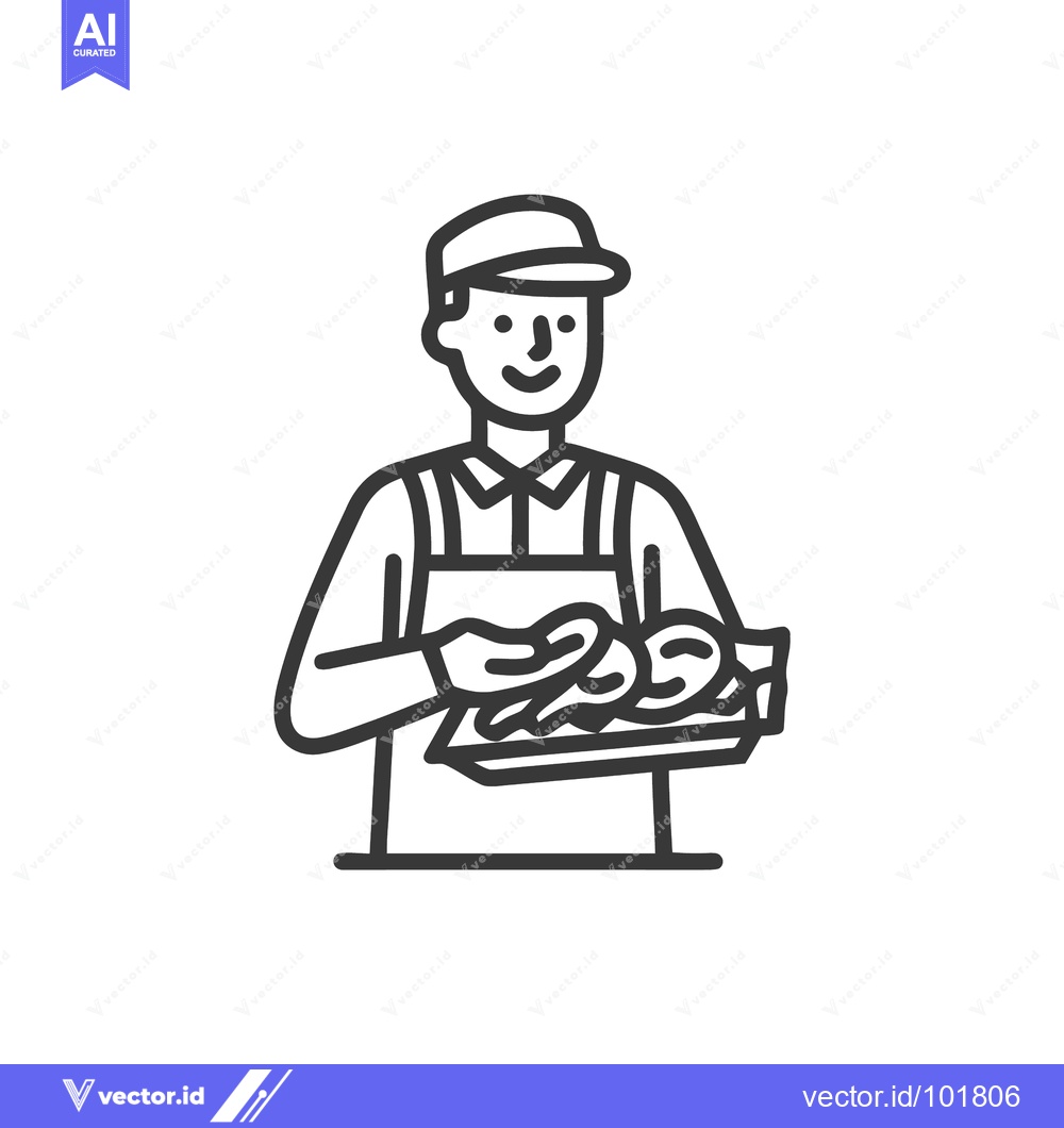 Premium Vector of Smiling Line Art Baker Icon Holding Tray of Freshly Baked Pretzels or