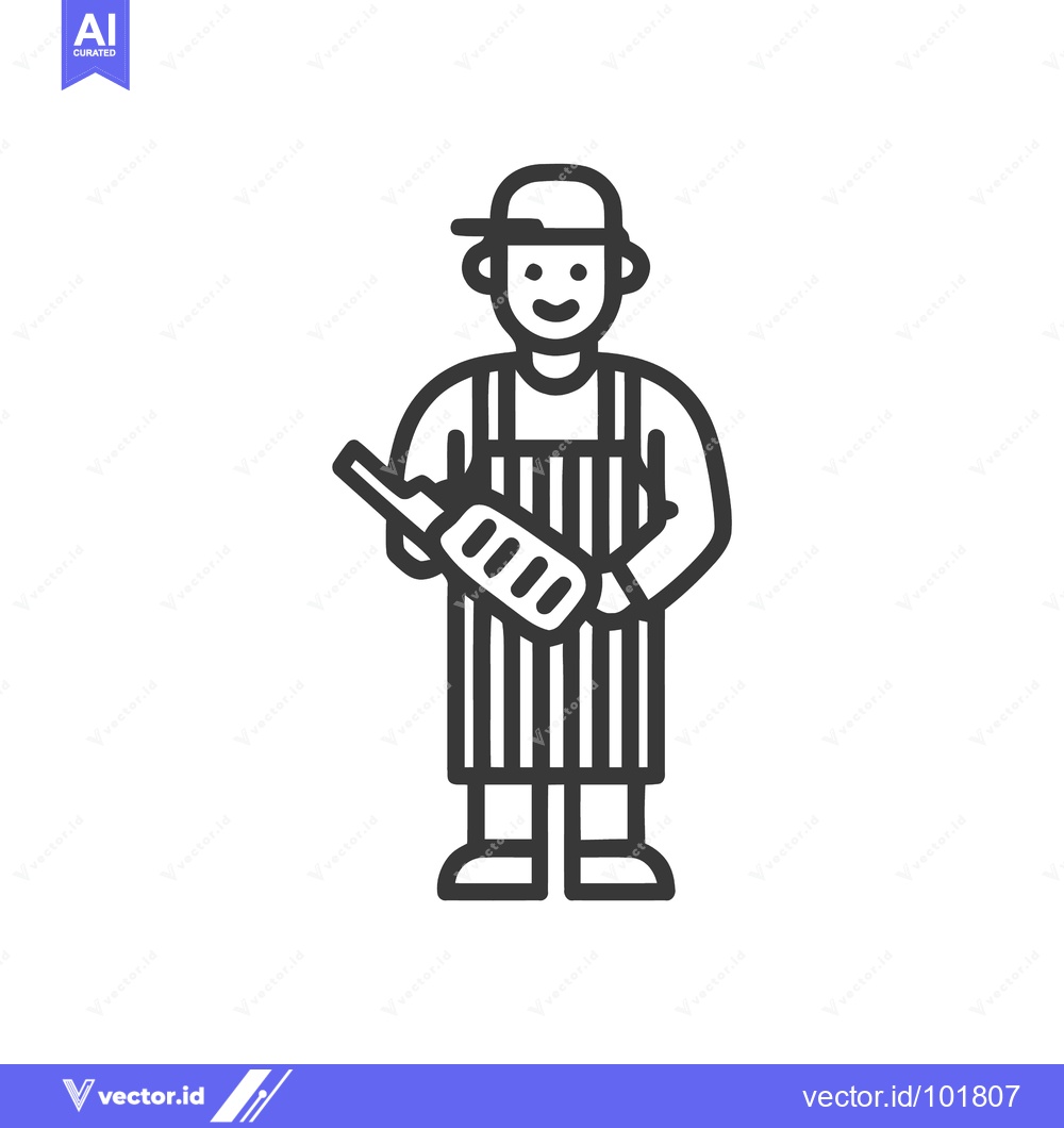 Premium Vector dari Smiling Baker or Chef Icon Holding Baguette, Wearing Striped Apron and