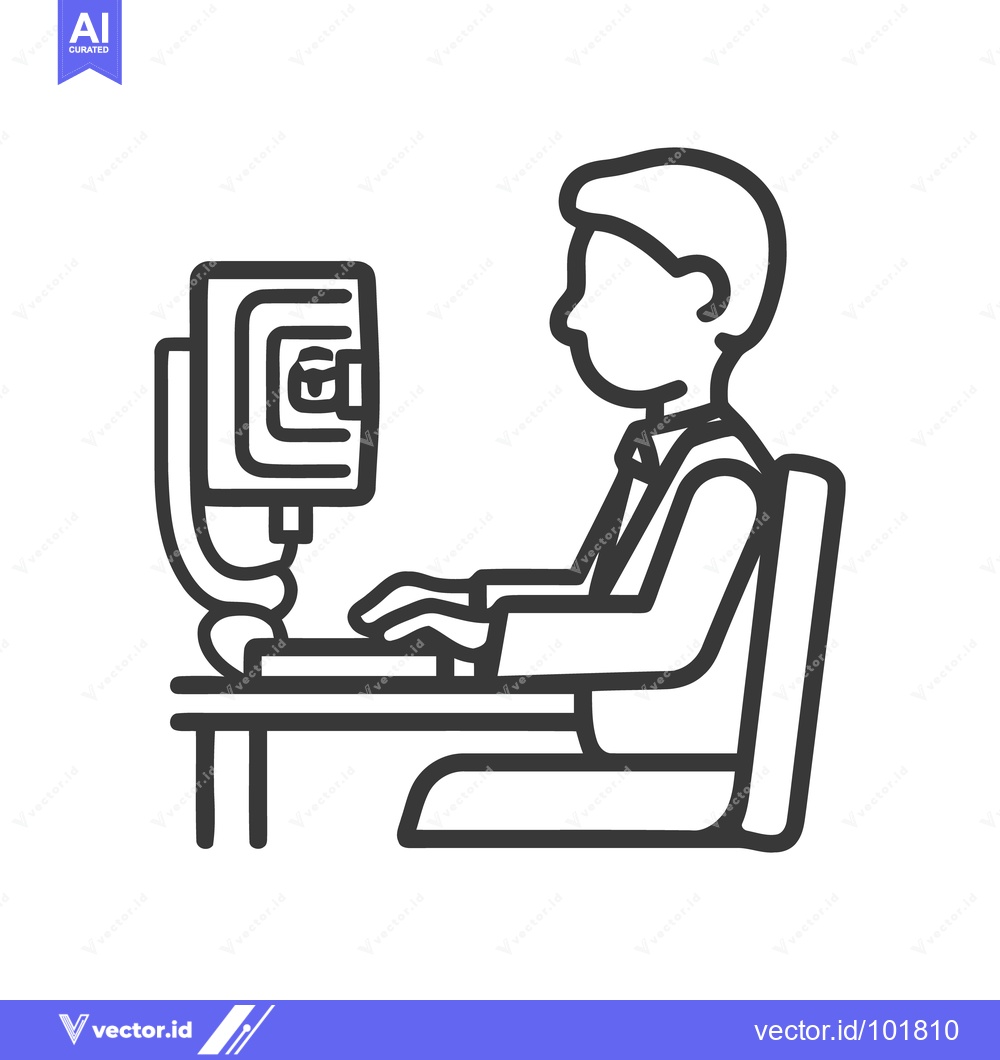 Premium Vector dari Monochrome Line Art Icon of Person Working on Desktop Computer, Remote