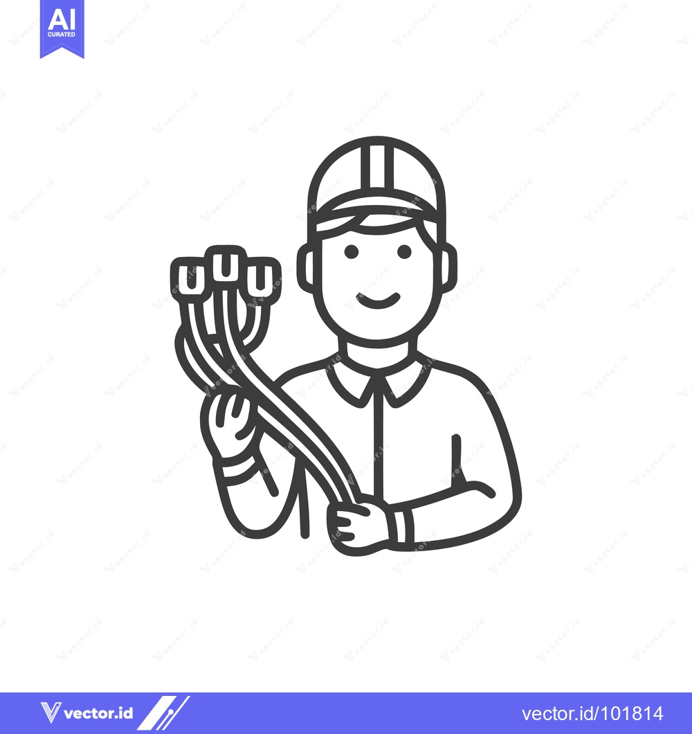 Premium Vector dari Smiling Line Art Technician Holding Network Cables Icon on White Backg