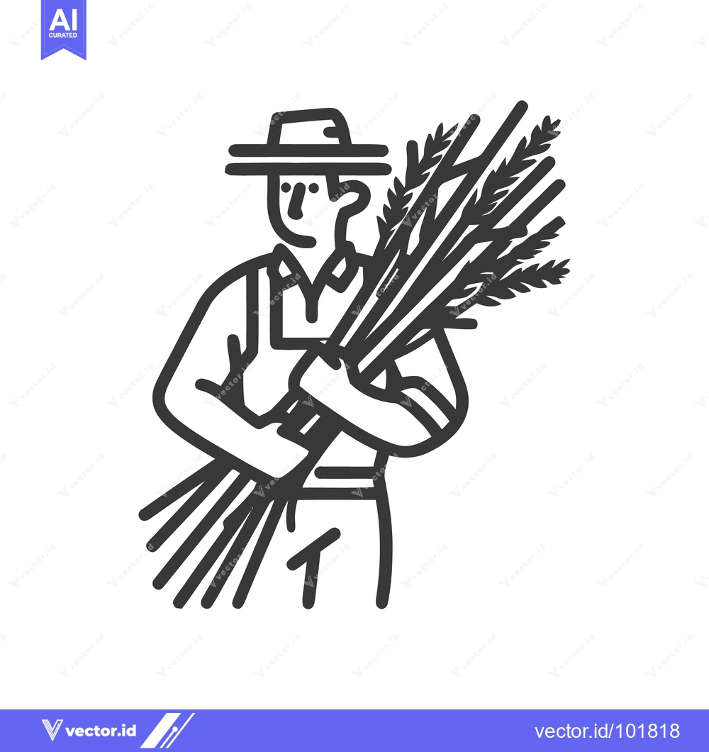 Premium Vector of Stylized Line Art Farmer Icon with Wheat Bundle, Representing Harvest