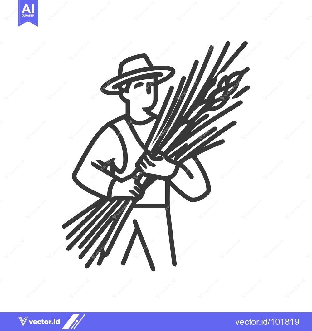 Premium Vector dari Minimalist Line Art Farmer Icon Holding Wheat Sheaf, Symbolizing Harve