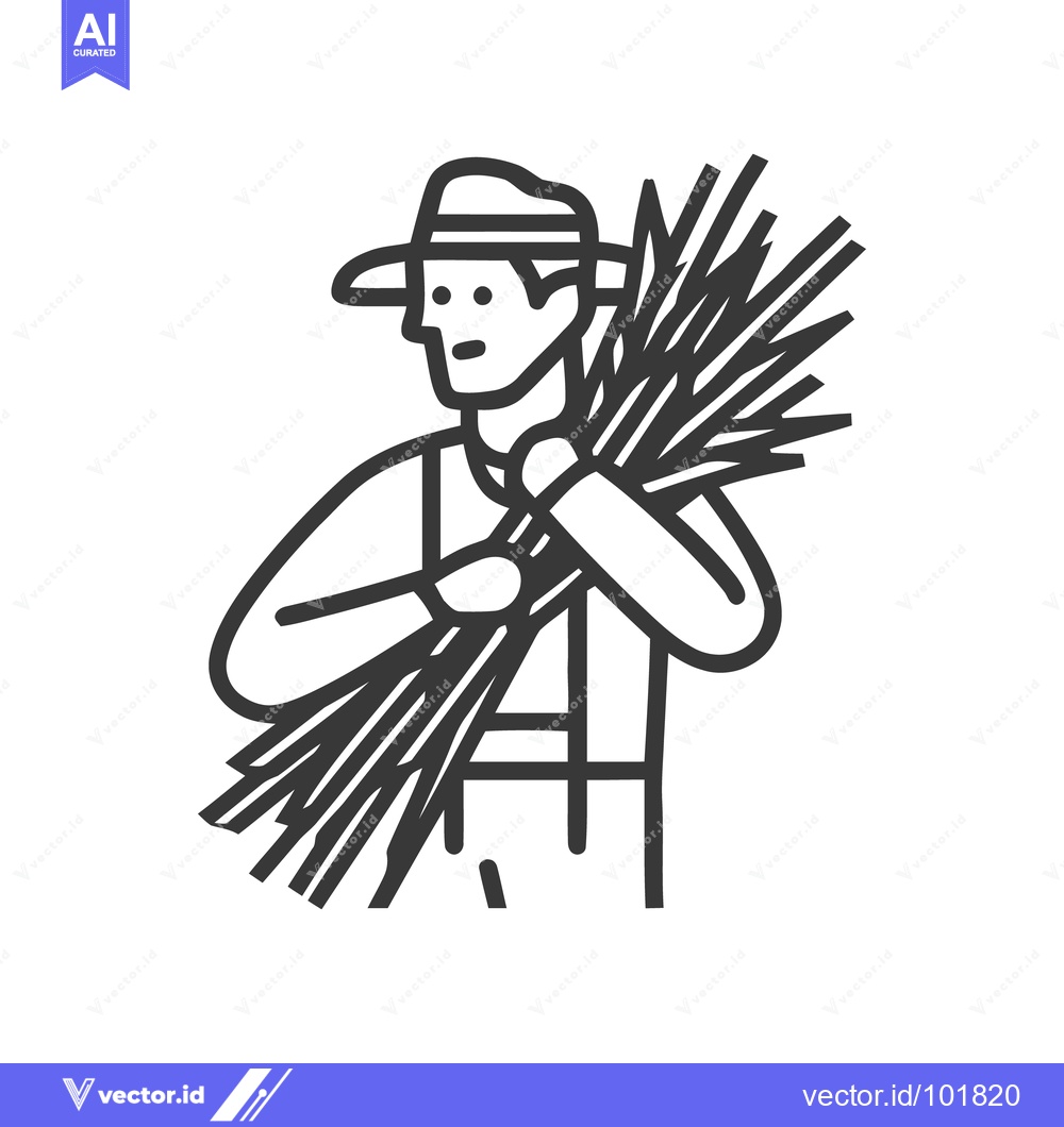Premium Vector of Minimalist Line Art Icon of Farmer Carrying Wheat Harvest, Agricultura