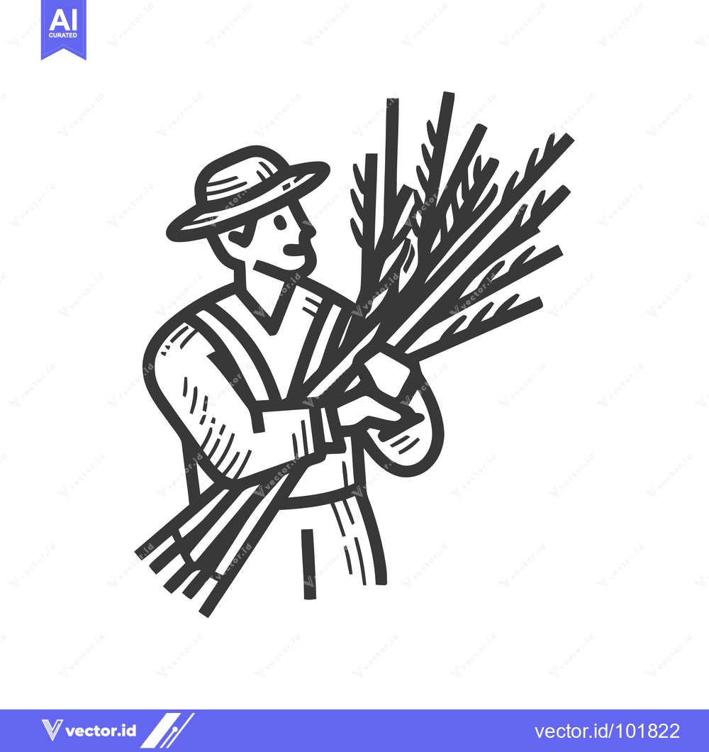 Premium Vector of Classic Stylized Farmer Icon Holding Wheat Sheaf, Depicting Traditiona