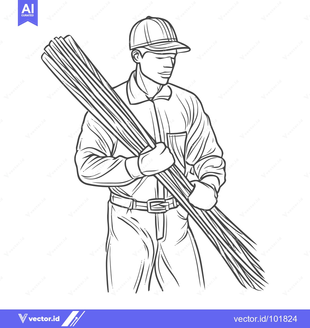 Premium Vector dari Strong Worker in Cap and Gloves Carrying a Bundle of Steel Rods, Line