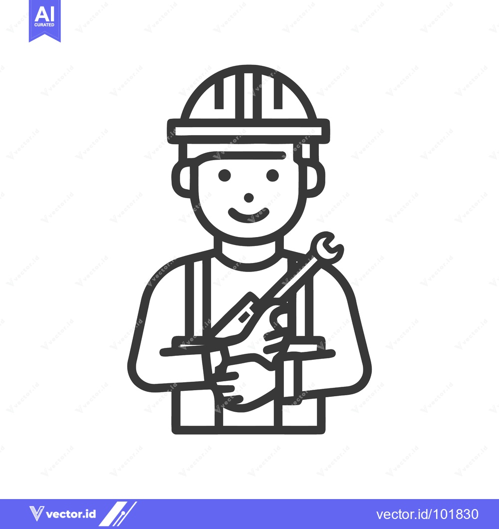 Premium Vector dari Smiling Worker in Hard Hat with Wrench, Minimalist Line Art Character