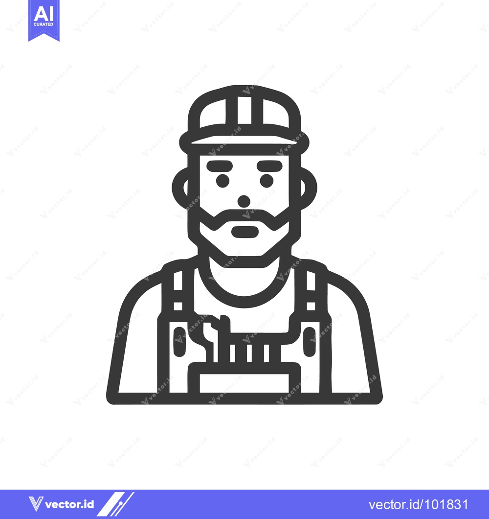 Premium Vector dari Bold Line Art Icon of a Bearded Worker in a Cap and Overalls