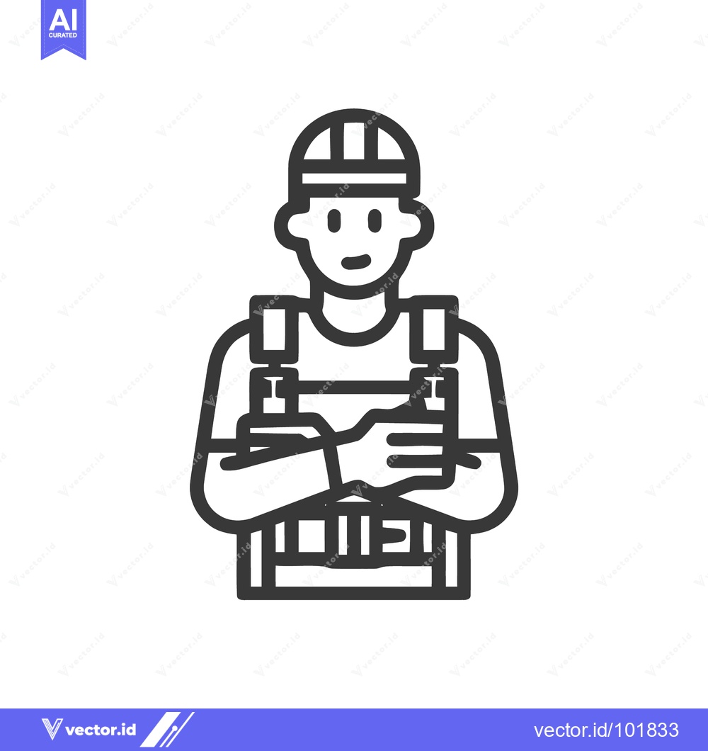 Premium Vector of Confident Construction Worker in Hard Hat and Harness, Minimalist Line