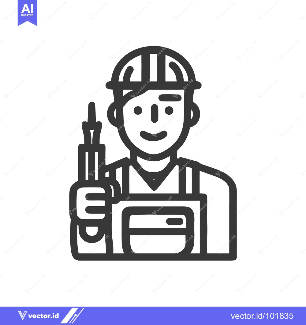 Premium Vector of Friendly Handyman in Hard Hat Holding Screwdriver, Line Art Icon