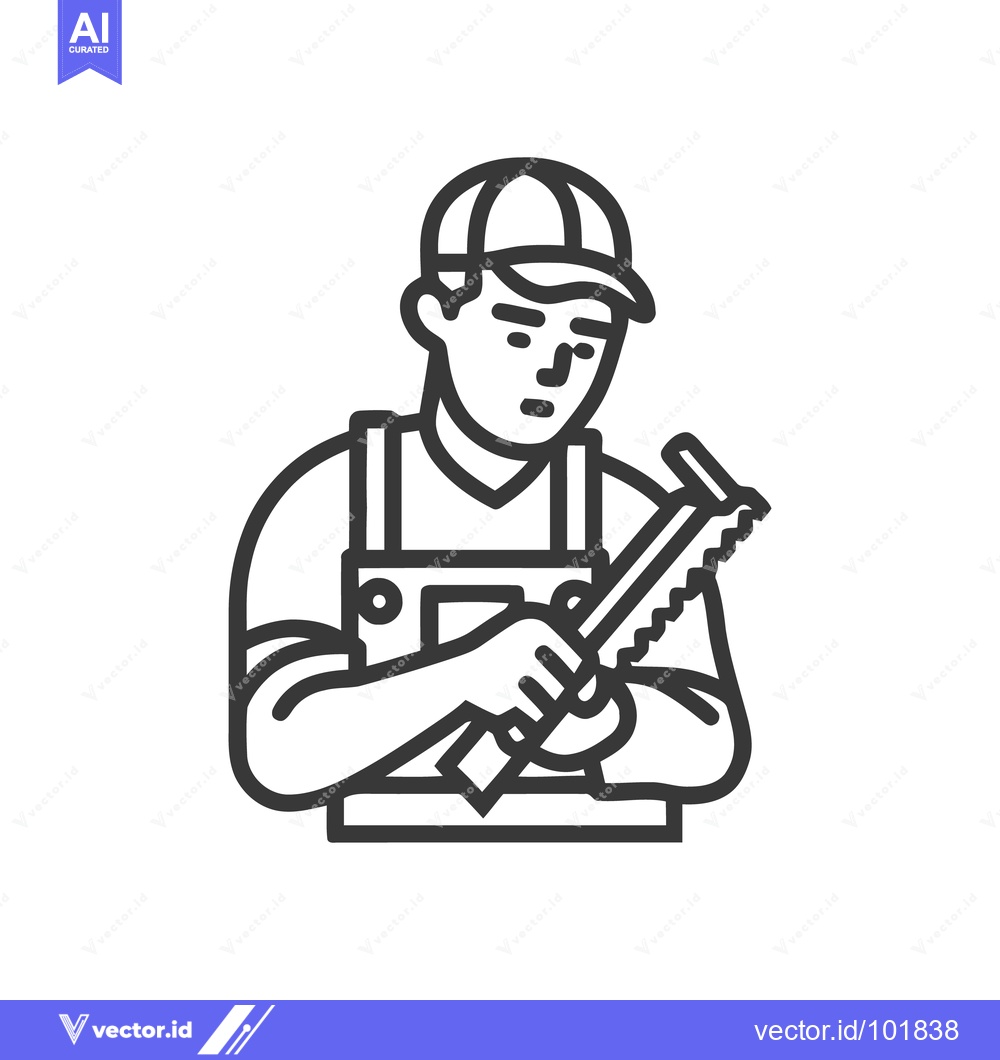 Premium Vector of Bold line art icon of a handyman in overalls and cap, carefully inspec