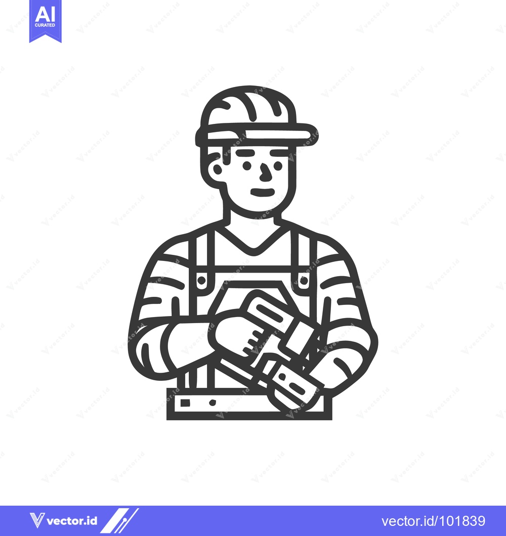 Premium Vector of Minimalist Line Art Icon of a Construction Worker Holding a Power Dril