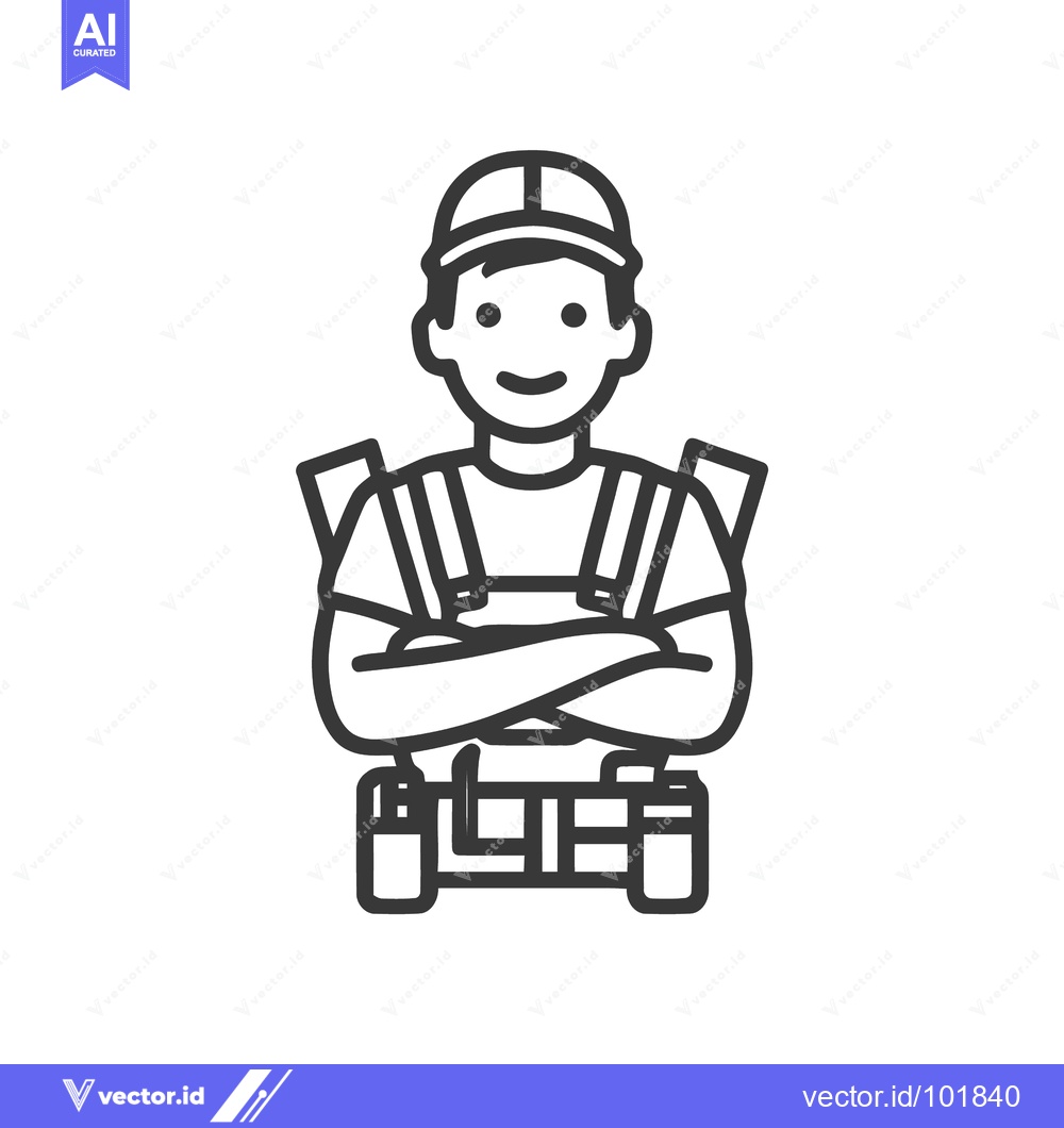 Premium Vector of Confident Smiling Worker with Crossed Arms and Tool Belt Line Art Icon