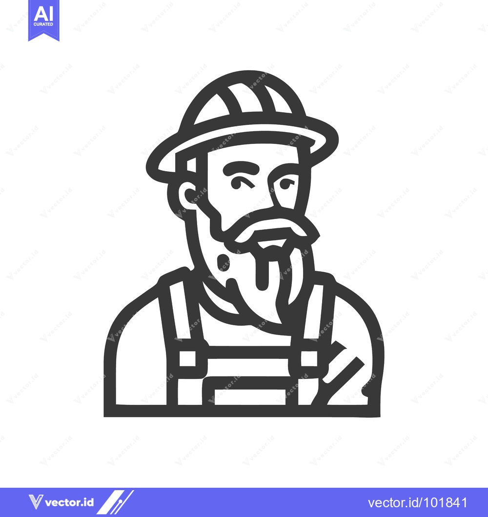 Premium Vector of Rugged Bearded Worker in Hard Hat, Bold Line Art Icon