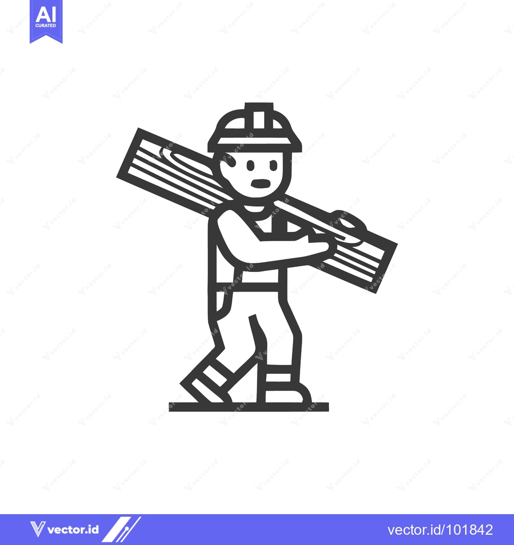 Premium Vector of Bold Monochrome Line Icon of a Construction Worker Carrying a Wooden B