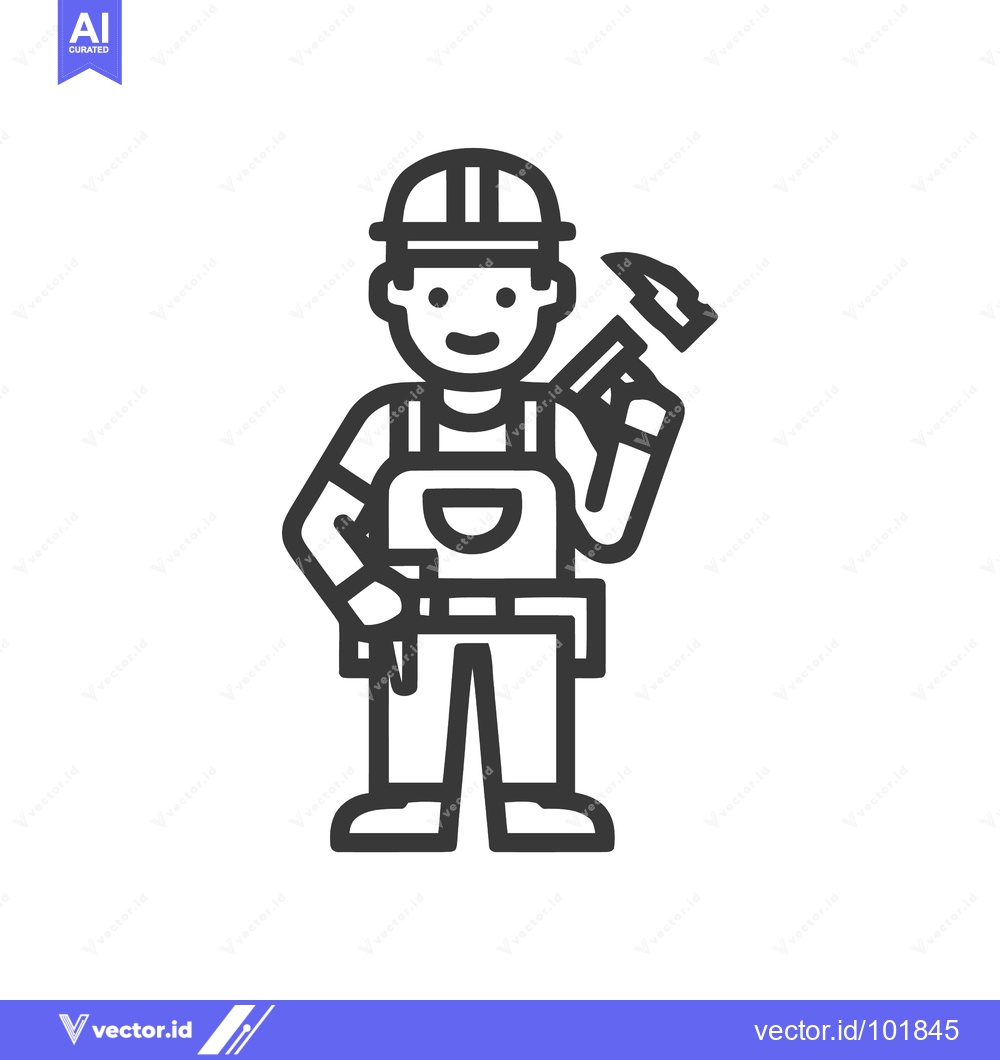 Premium Vector dari Friendly Builder Character with Hammer and Tool Belt Line Art Icon