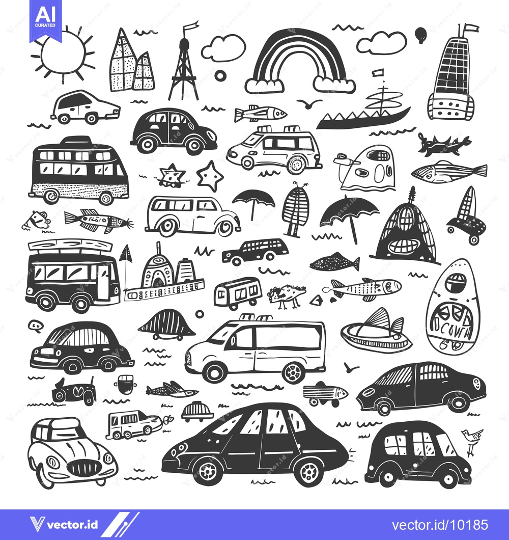 Premium Vector of A Black and White Hand-Drawn Illustration Featuring Various Cars, Buil