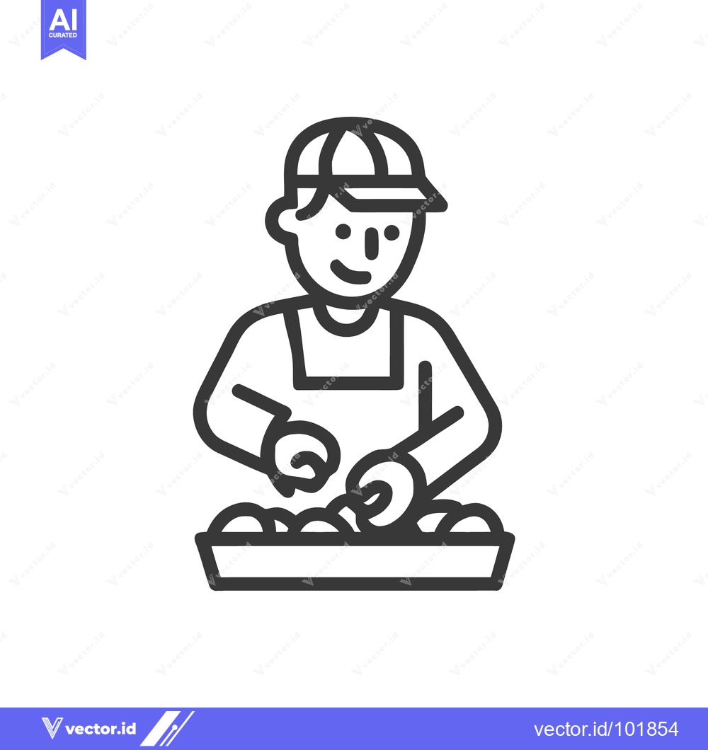 Premium Vector dari Smiling Worker in Cap Sorting Produce, Minimalist Line Art Icon