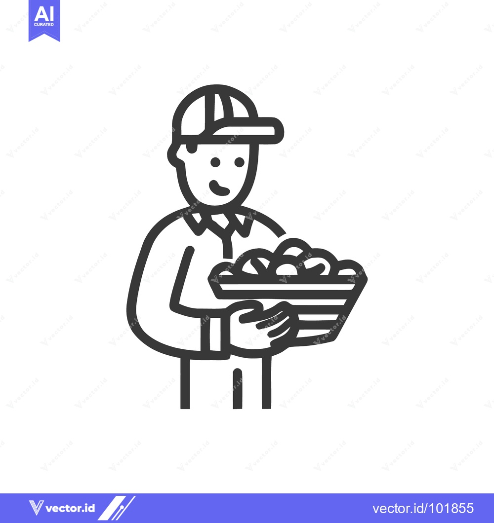 Premium Vector of Smiling Farmer Holding a Basket of Fresh Produce, Minimalist Line Art