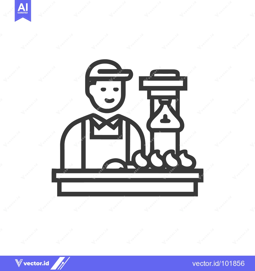 Premium Vector of Friendly Food Producer with Garlic and a Press Machine Line Icon