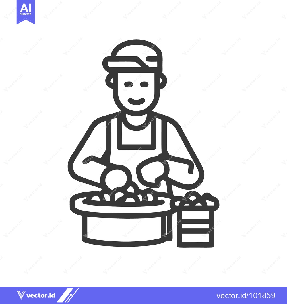 Premium Vector of Happy Farmer Sorting Harvested Produce from a Tub, Minimalist Line Art