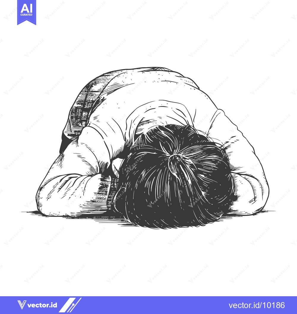 Premium Vector of A Black and White Hand-Drawn Illustration of a Child Bowing Their Head