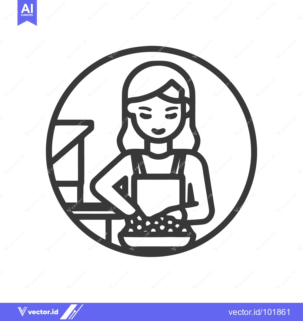 Premium Vector dari Smiling Woman in Apron Mixing Food in a Bowl, Minimalist Line Art Icon