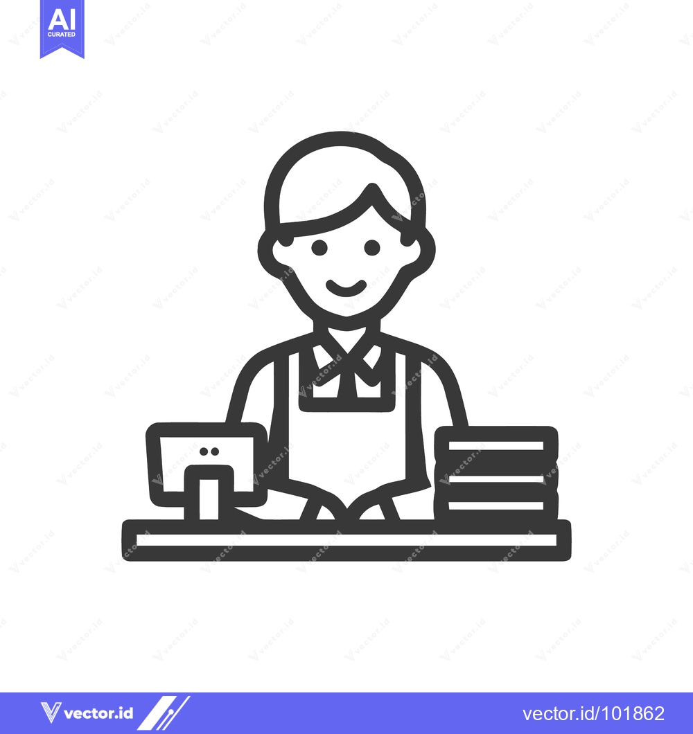 Premium Vector dari Friendly Cashier Line Icon with Apron at Checkout Counter with POS Ter